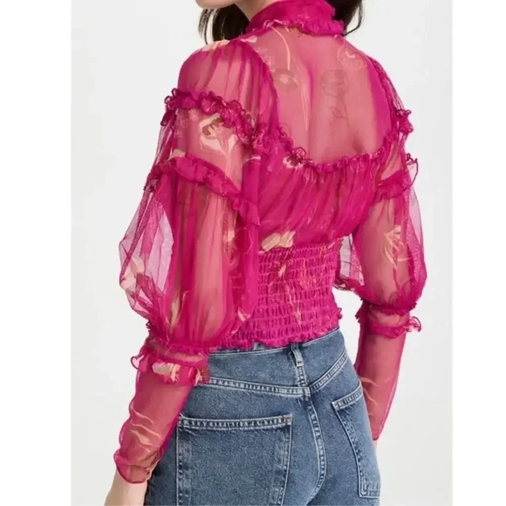 Free People Time For Shine Mesh Fuchsia Floral Smocked Cropped Blouse Top XS